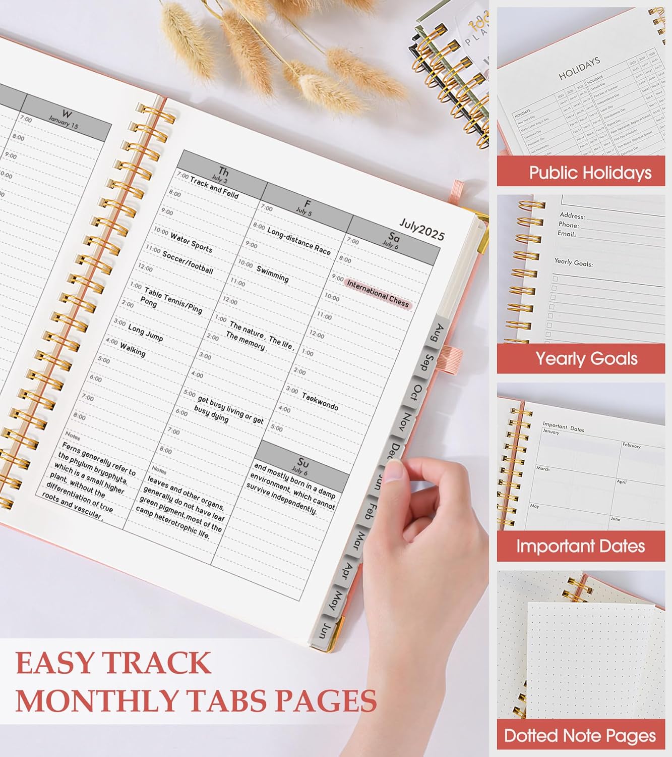 Academic Planner 2025-2026, Weekly and Monthly Calendar Planner from July 2025 - June 2026, 8.5" x 11" Hardcover Leather Hourly Appointment Book with Tabs, Spiral Daily Planners for College School Teacher Student, Pink