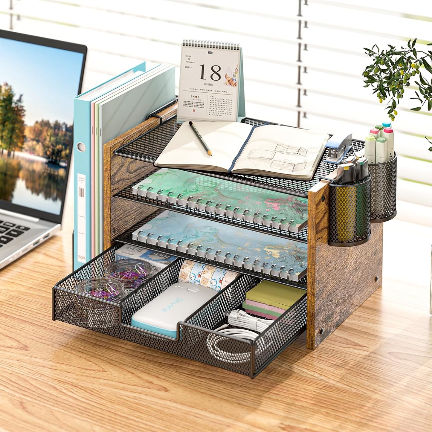 Wooden Desk Organizers and Accessories with File Holder, 4-Tier Paper File Organizer with Drawer & 2 Pen Holders, Office Desk Accessories, Desktop Organizer and Storage for Home Office Supplies