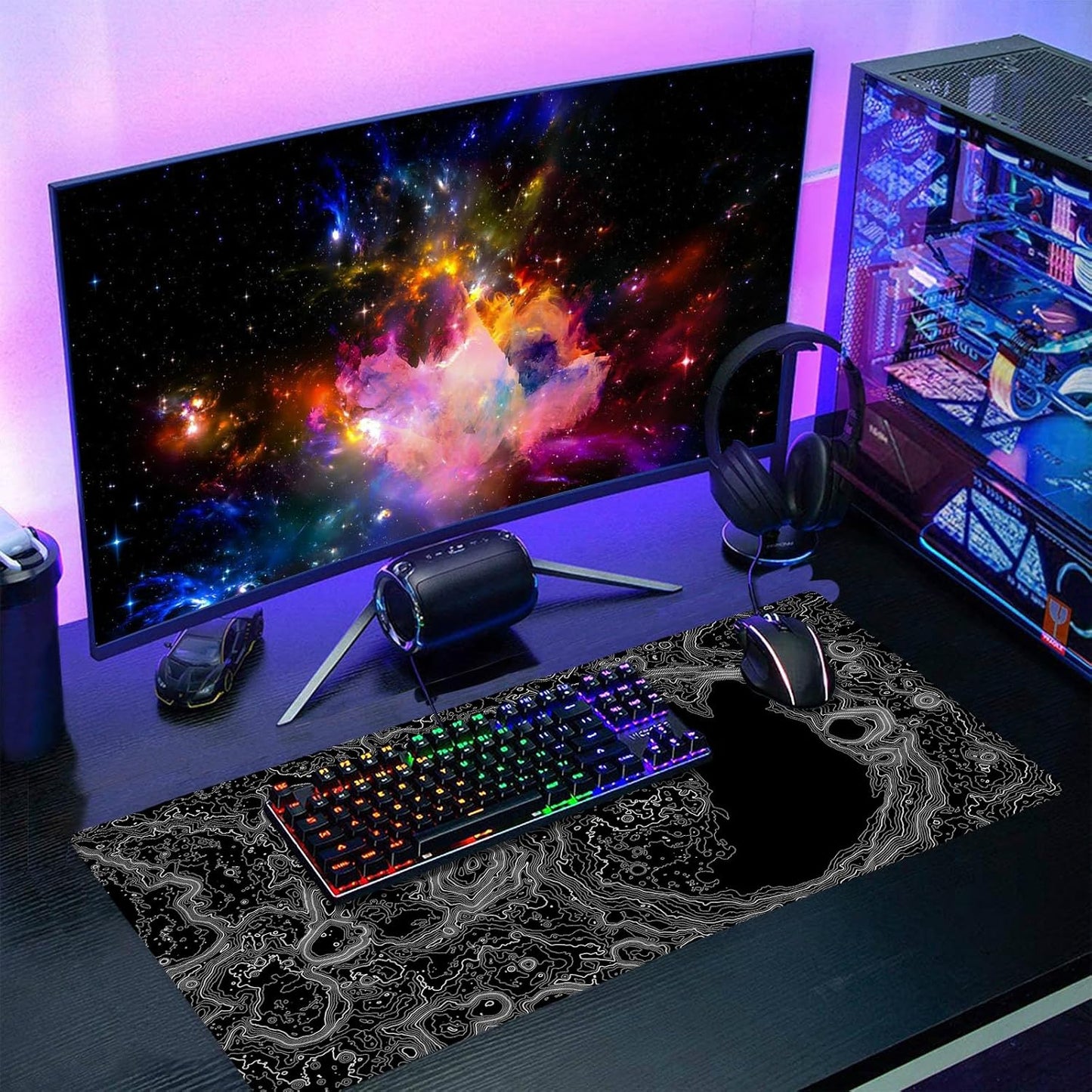 Black Whtie Topographic Gaming Mouse Pad XL Topo Moon Relief Map Extended Large Mat Mousepad Desk Pad Non-Slip Rubber Base Stitched Edge Long Keyboard Playmat for Desk Computer,24x14 Inch