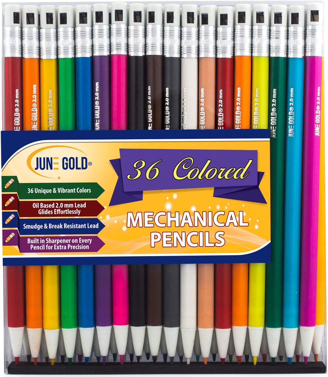 June Gold 36 Assorted Colored 2.0 mm Mechanical Pencils with 36 Unique Color Leads, Color Name is Printed on Each Pencil Barrel, Built in Rear Sharpener