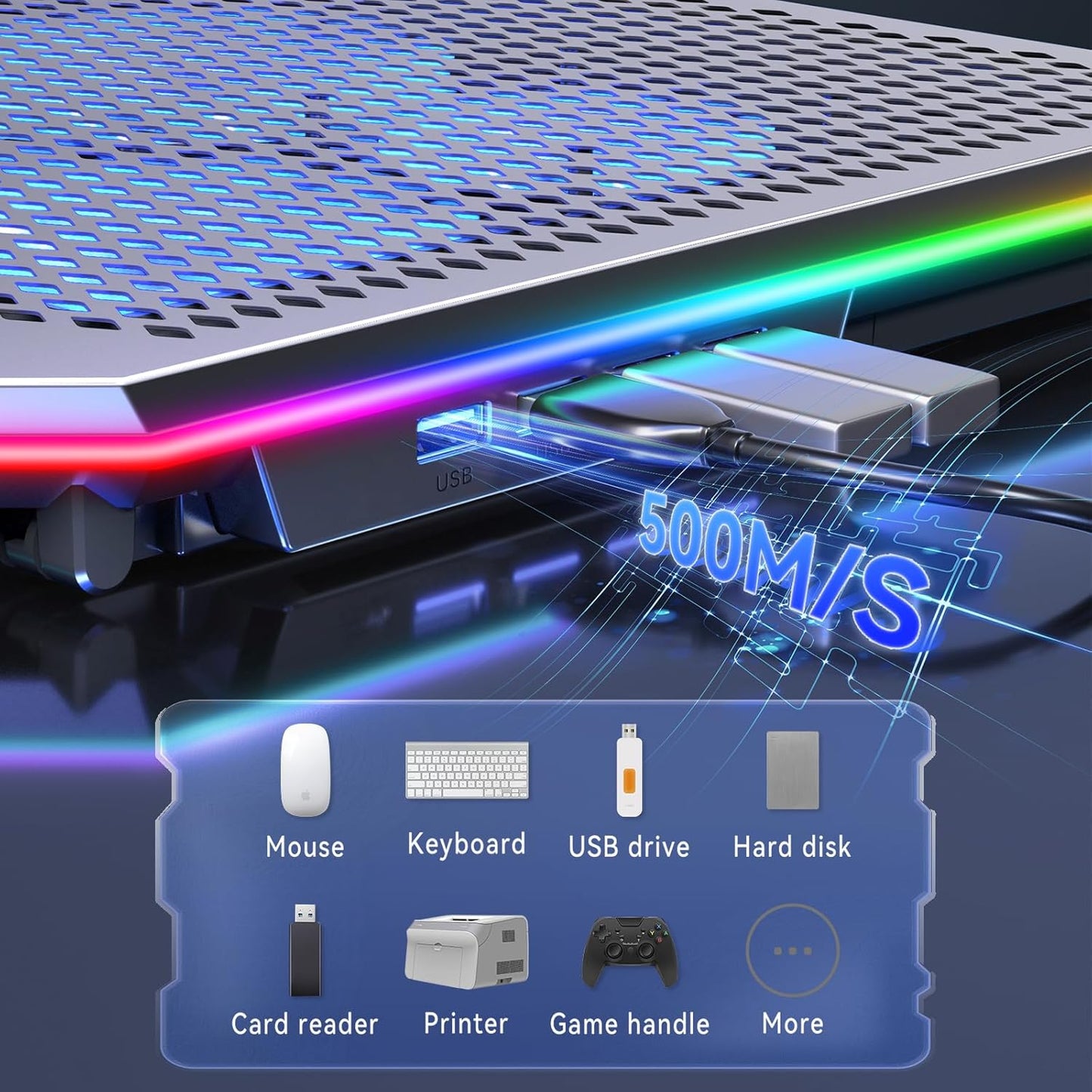 Aluminum Alloy RGB Gaming Laptop Cooler with 6 Fans and LCD Screen - 10 RGB Modes Memory Function, 4 USB Ports 3.0 and 2.0 Hub, 9 Height Adjustable for 10 to 21 Inch Laptops on Desk or Lap