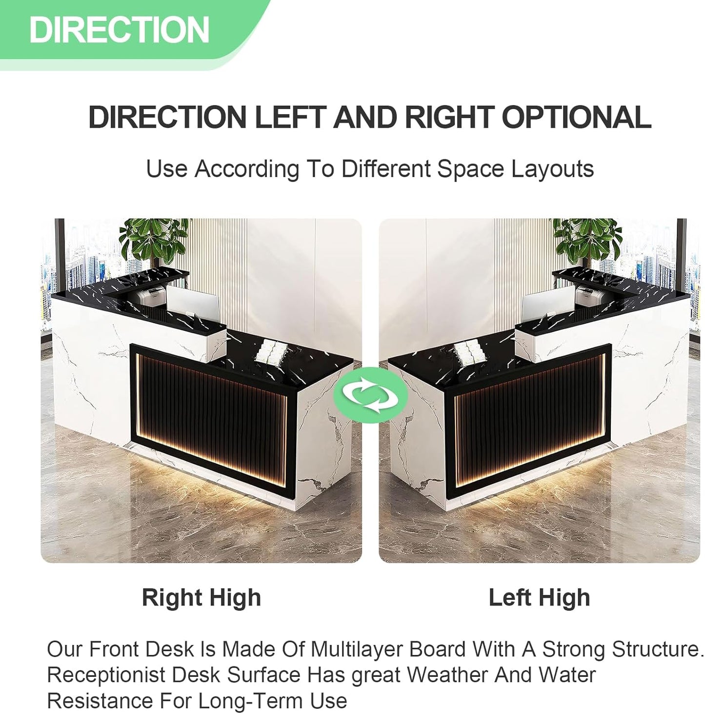Modern Reception Desk with Counter and Drawer Office Front Desk with Cabinet Wooden Commercial Reception Table Checkout Counter for Retail Salon Lobby White and Black Left 71inch/180cm