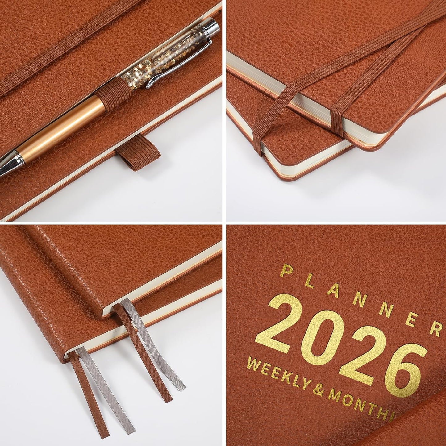 2026 Planner - 2026 Planner Weekly and Monthly, January 2026 - December 2026, 8.5" x 11", Pen Holder, Calendar Stickers, Pocket, 25 Notes Pages, Faux Leather Cover, A4 Premium Paper - Brown