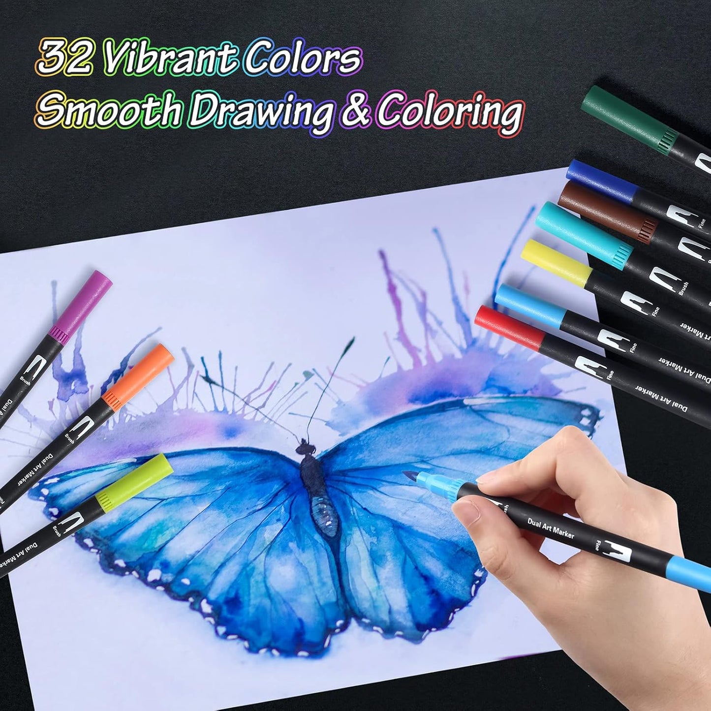 Art Markers Brush Pen, Markers for Adult Coloring Books No Bleeding,32 Colored Pens Fine Point Highlighter Pen & Brush for Adult Kids Coloring Journaling Note Taking Planner