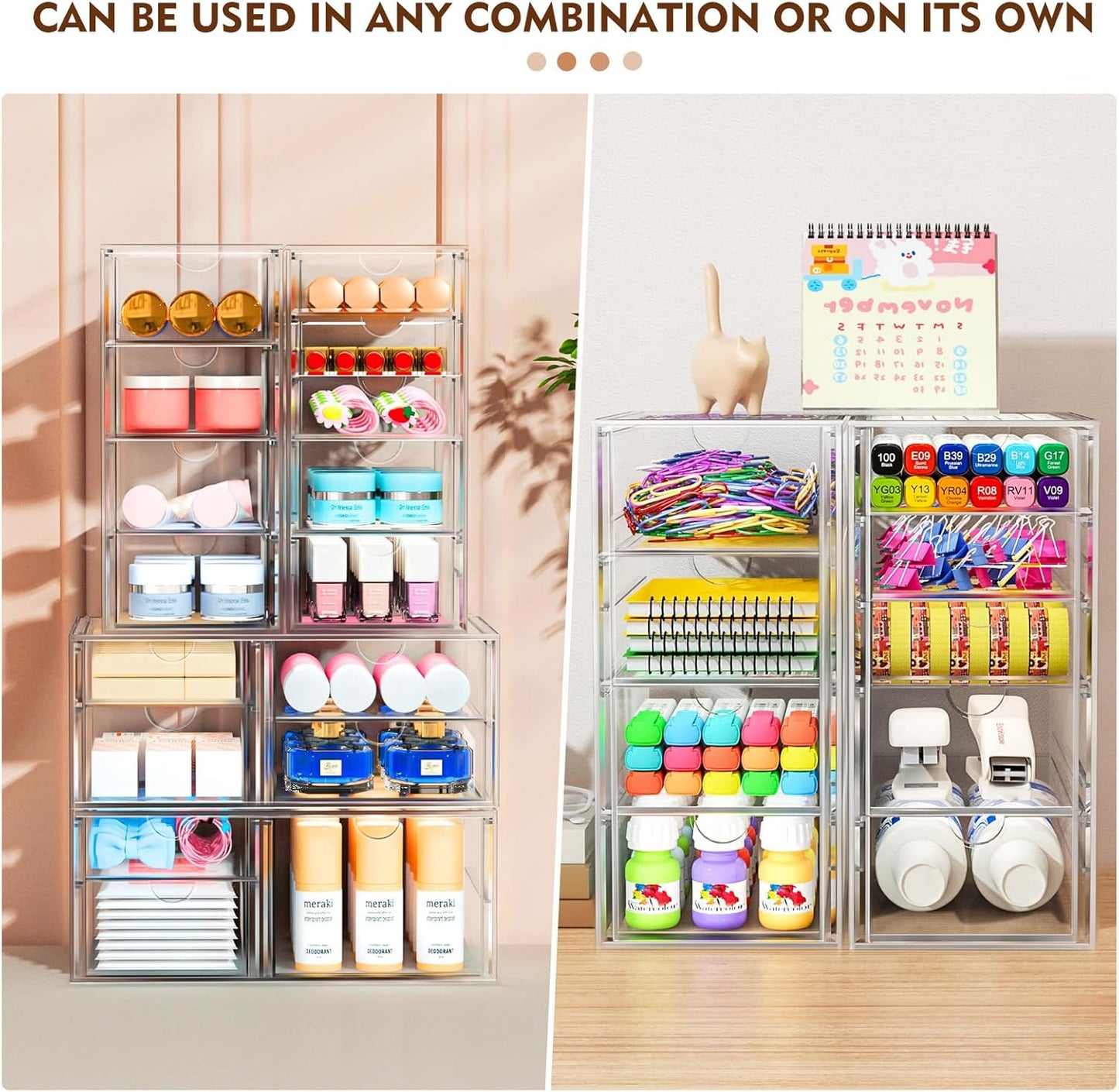 22 Drawers, Acrylic Desk Makeup Organizer, Plastic Drawers Organizer, Stackable Storage Solution for Makeup, Dresser, Office, Bathroom Clear Plastic Craft and Bead Storage Cabinet