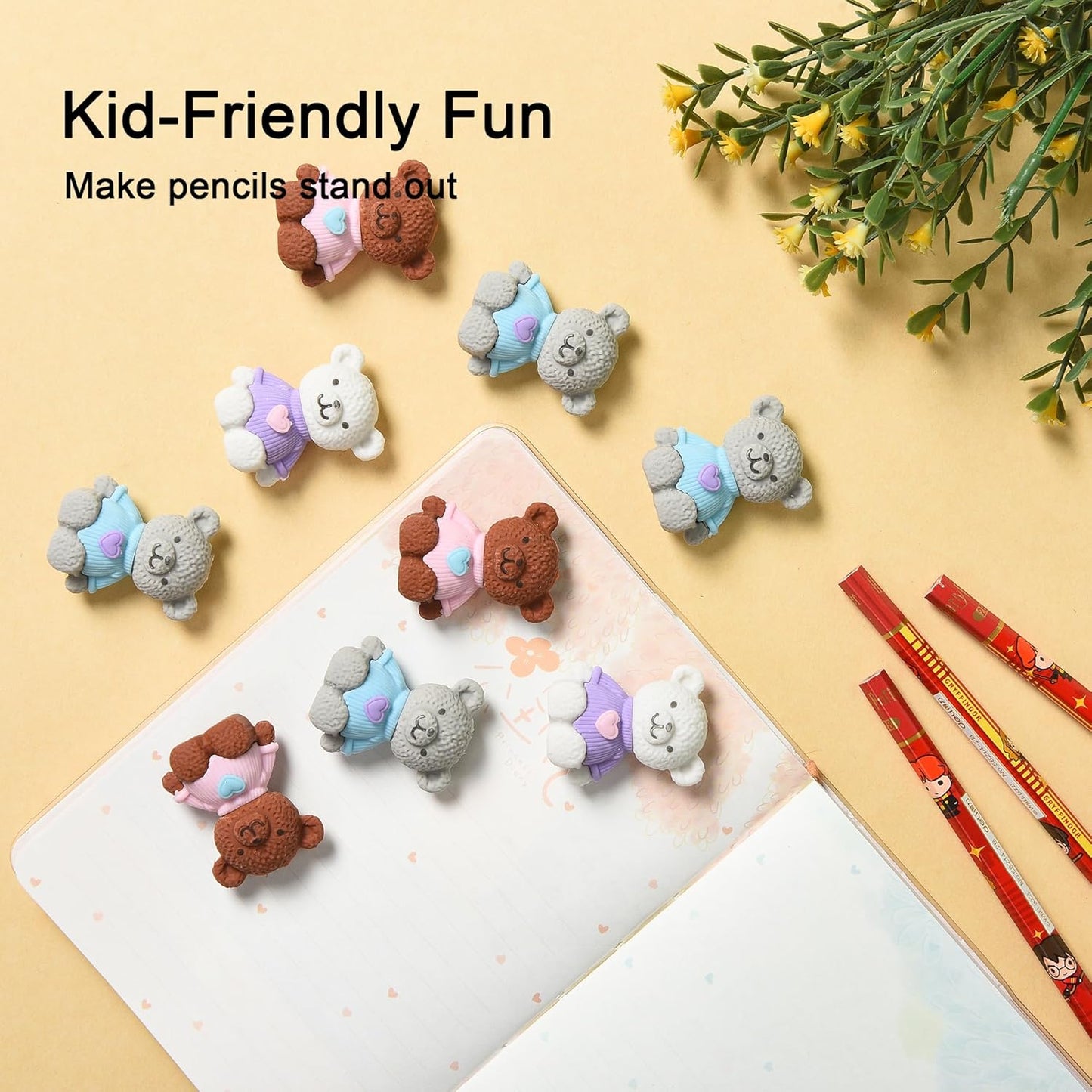 18Pcs Pencil Top Erasers for Kids, 3D Cute Bear Pencil Toppers, Bulk Fun Pencil Cap Easters for School Classroom Supplies Prize Gifts Party Favors