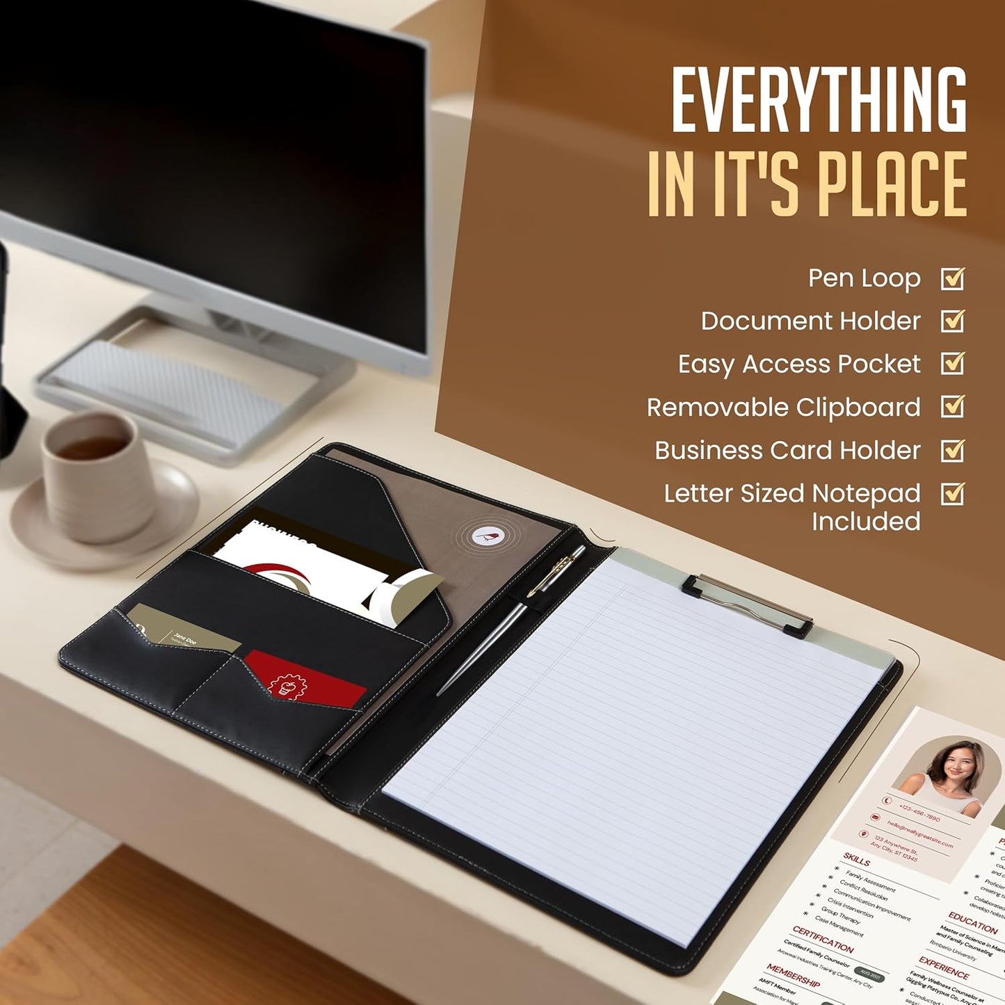 STYLIO Padfolio Folder with Removable Clipboard | Portfolio Organizer | Binder with Storage for Notebook, Notepad | Nursing Clipboard Folio, CNA Accessories for Work | Vegan Leather