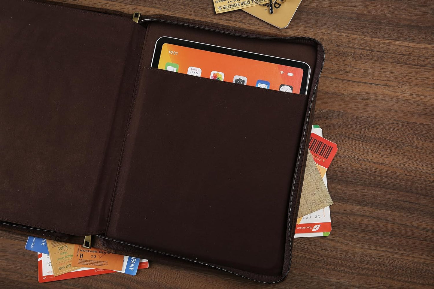 Personalized Leather Portfolio Organizer for IPad/Document, Business Padfolio with A4 Leather Notepad Holder, Custom Leather Compact Folder Conference Portfolio for Men and Women, Dark Khaki