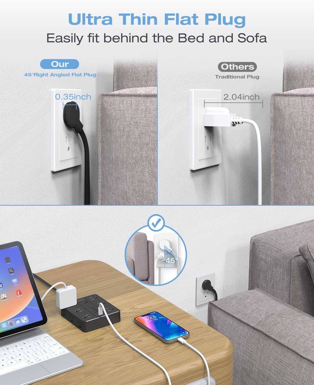 20FT Surge Protector Power Strip,12 AC Outlets with 6 USB Ports (2 USB-C), Flat Plug Extension Cord with Multiple Outlets, Wall Mount for Home Office,Dorm,Black