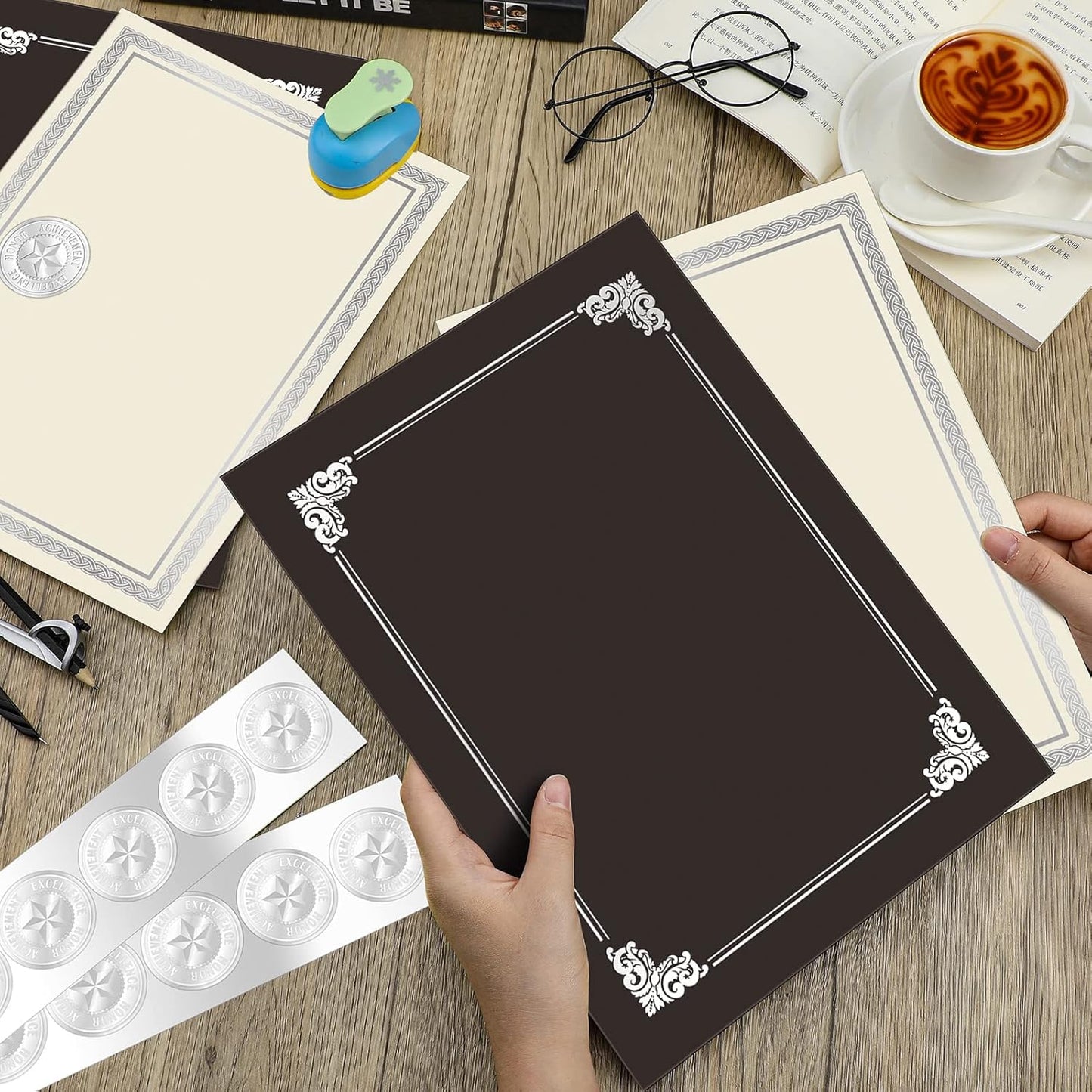 150 Pcs Certificate Kit Include 50 Certificate Holders 50 Paper and 50 Embossed Seal Stickers Diploma Covers for Graduation, Competition Supplies(Silver Black)