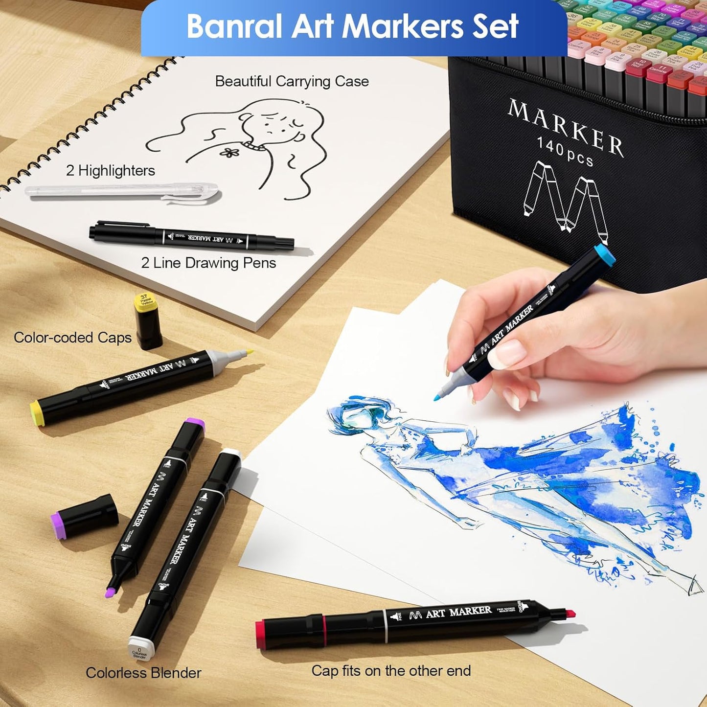 Banral 140 Colors Alcohol Markers Set, Dual Tip Alcohol Based Art Marker for Artists Kids Adult Coloring, Permanent Illustration Sketch Pens for Drawing with Case and Holders