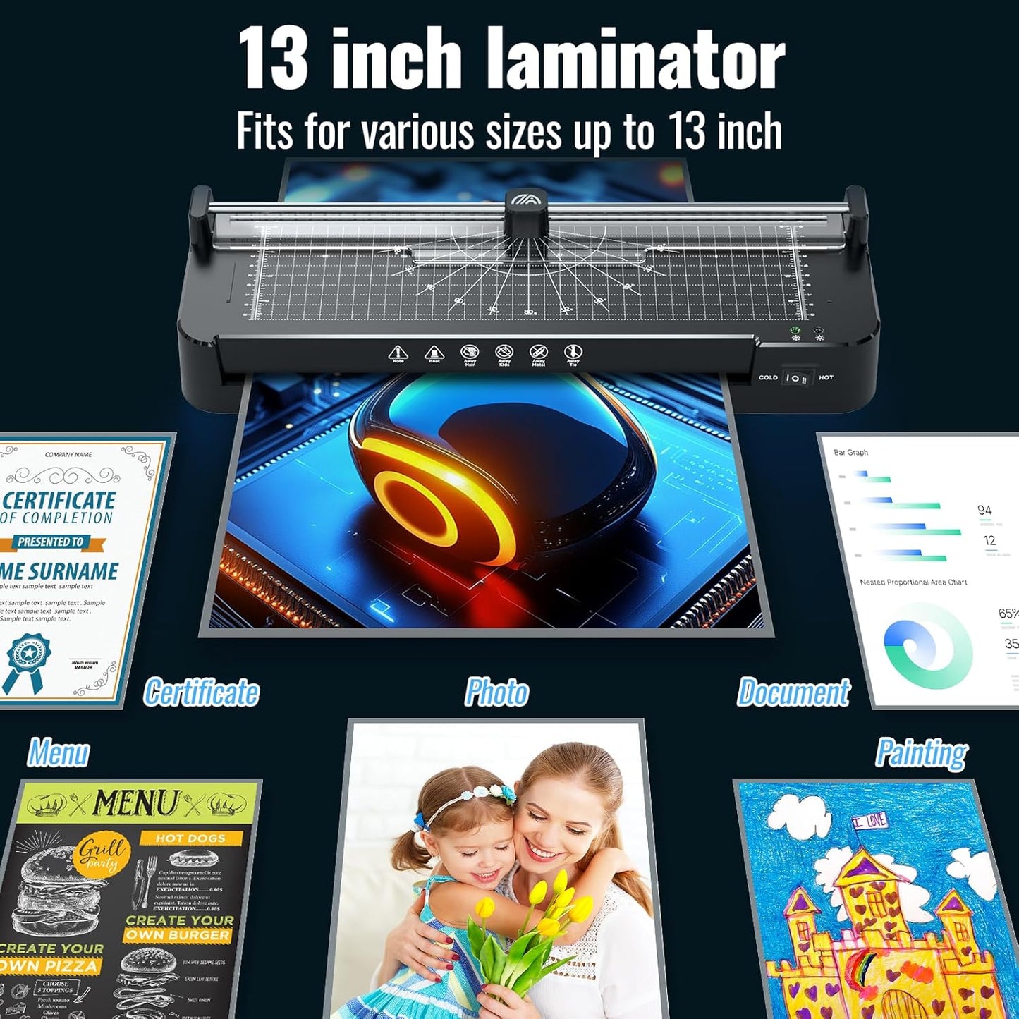 13in Laminator Machine with Paper Trimmer + 50pcs Sheets + Corner Rounder, Dual Hot/Cold Mode | Anti-Jam Technology | 90s Fast Preheat for A3/A4/A5/A6 Home Office School Use