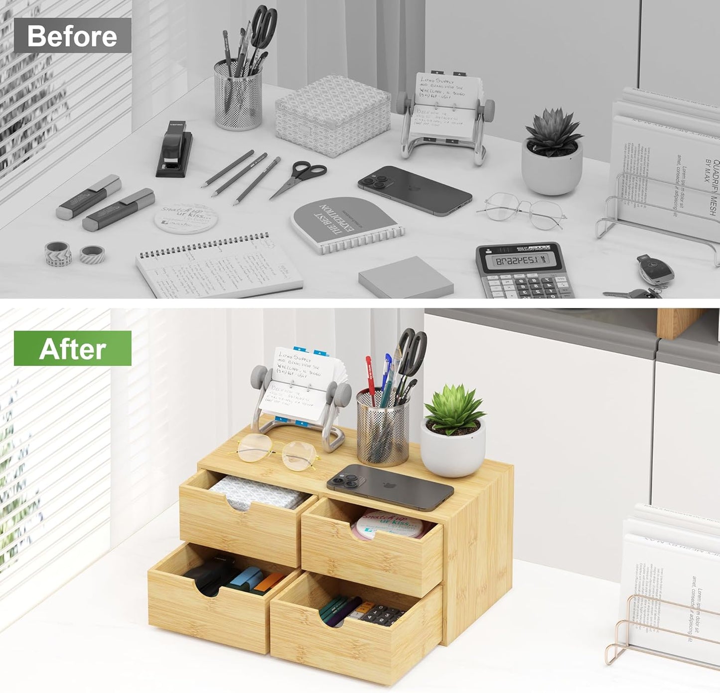 Bamboo Desk Organizer with Drawers - Small Desktop Countertop Mini Tabletop Storage Container - No Assembly Required