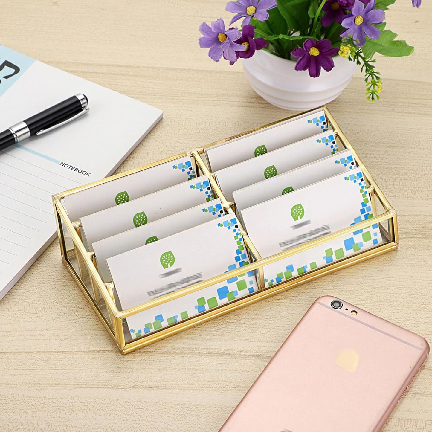 Hipiwe Glass Business Card Holder Stand 8 Slot Name Cards Display Storage Holder Gold Metal Business Cards Organizer for Office Desktop Countertop