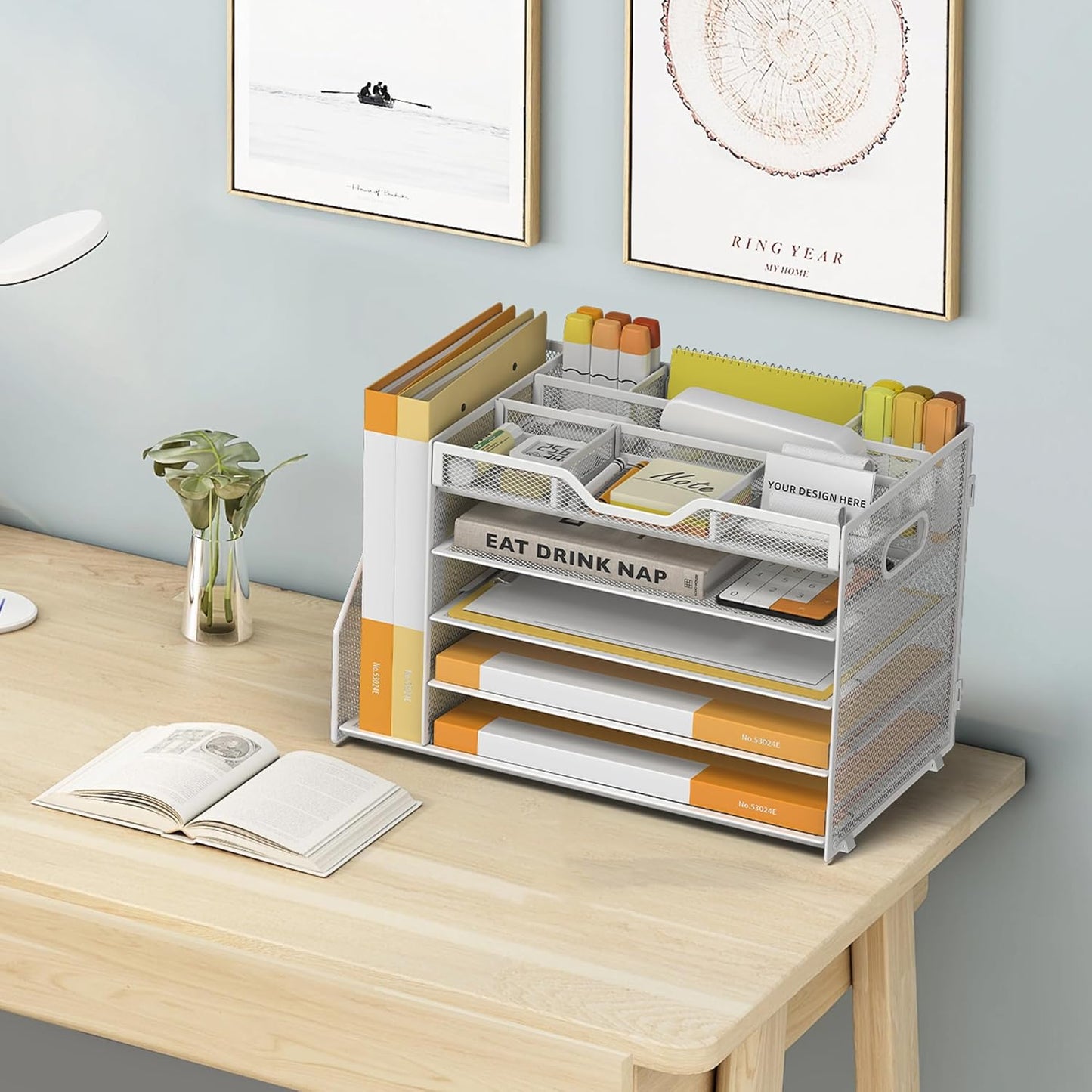 5 Tier Paper Letter Tray with File Holder and 3 Drop-in Pen Holders, Mesh Desk File Organizer with Handle, Desk Organizers and Accessories for School,Home, Office Supplies Storage-White