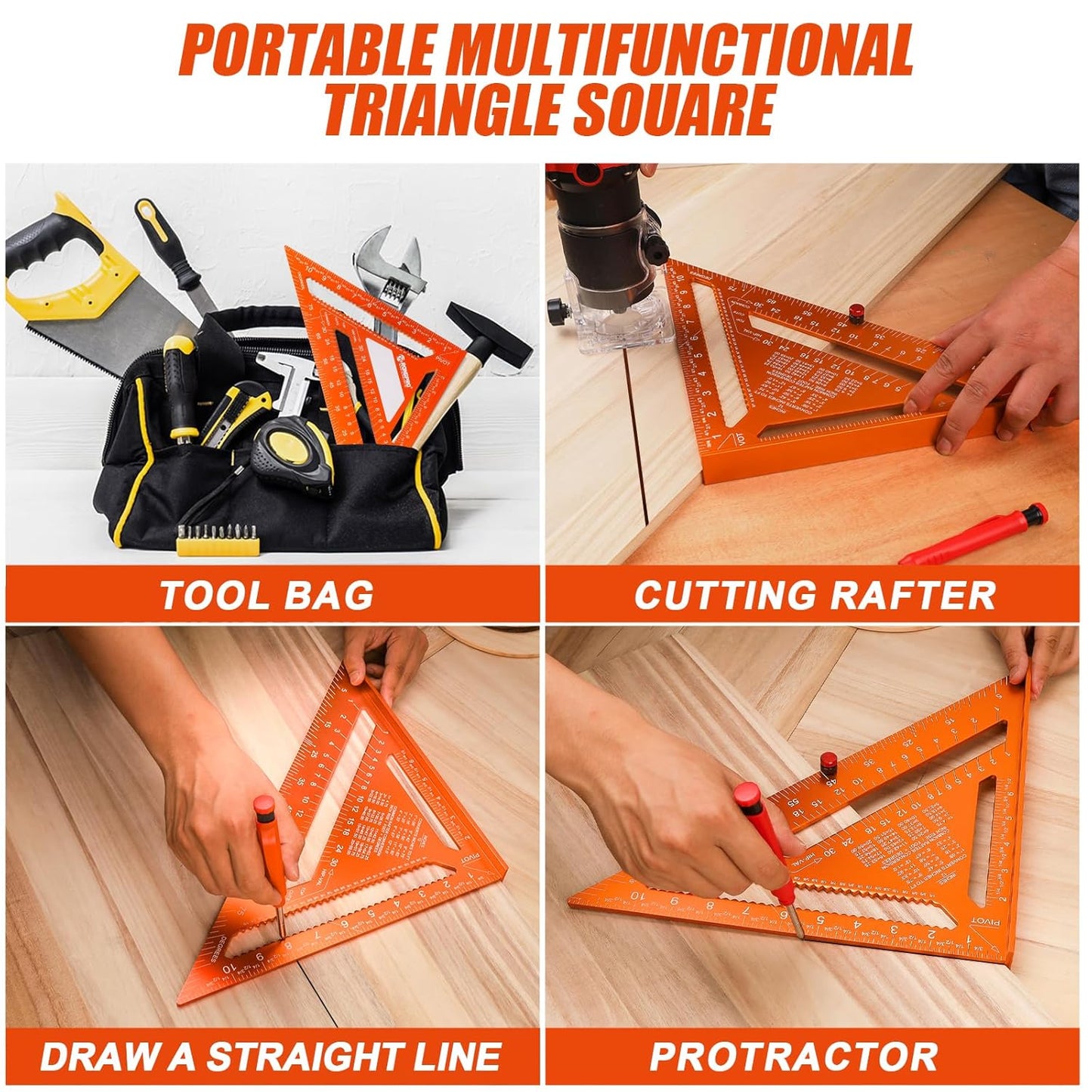 2pcs Rafter Square, 12-inch & 7-inch Carpenter Sqaure Set with Woodworking Pencil, Carpenter Measuring Layout Tool, Aluminum Alloy Triangle Ruler for Woodworking- Imperial