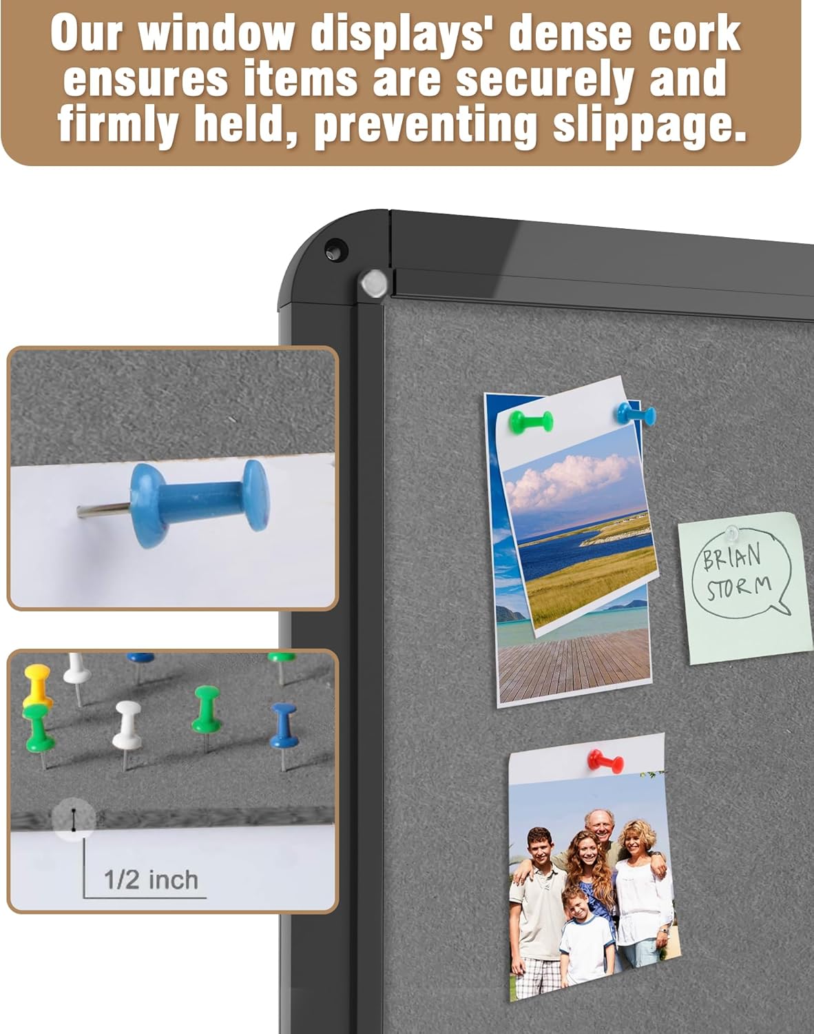 36"x24" Enclosed Bulletin Board, Lockable Weather-Resistant Aluminum Cork Noticeboard for School & Office, Black Frame w/Grey Flet