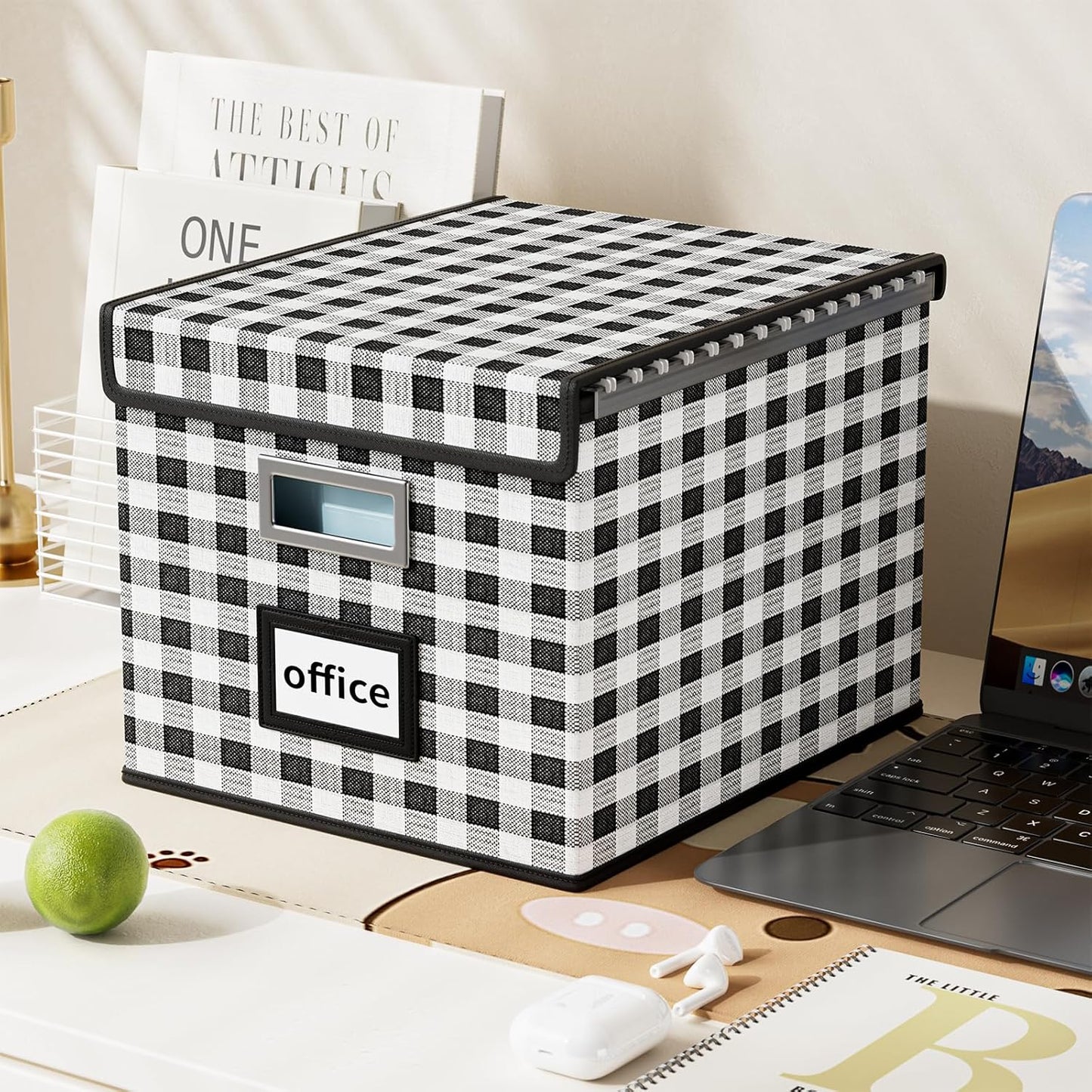 Huolewa Decorative Collapsible File Storage Organizer Boxes with Lids, Hanging Filing & Storage Boxes for Office/Decor/Home, Filing System for File and Folders Storag - (Black & White Lattice)