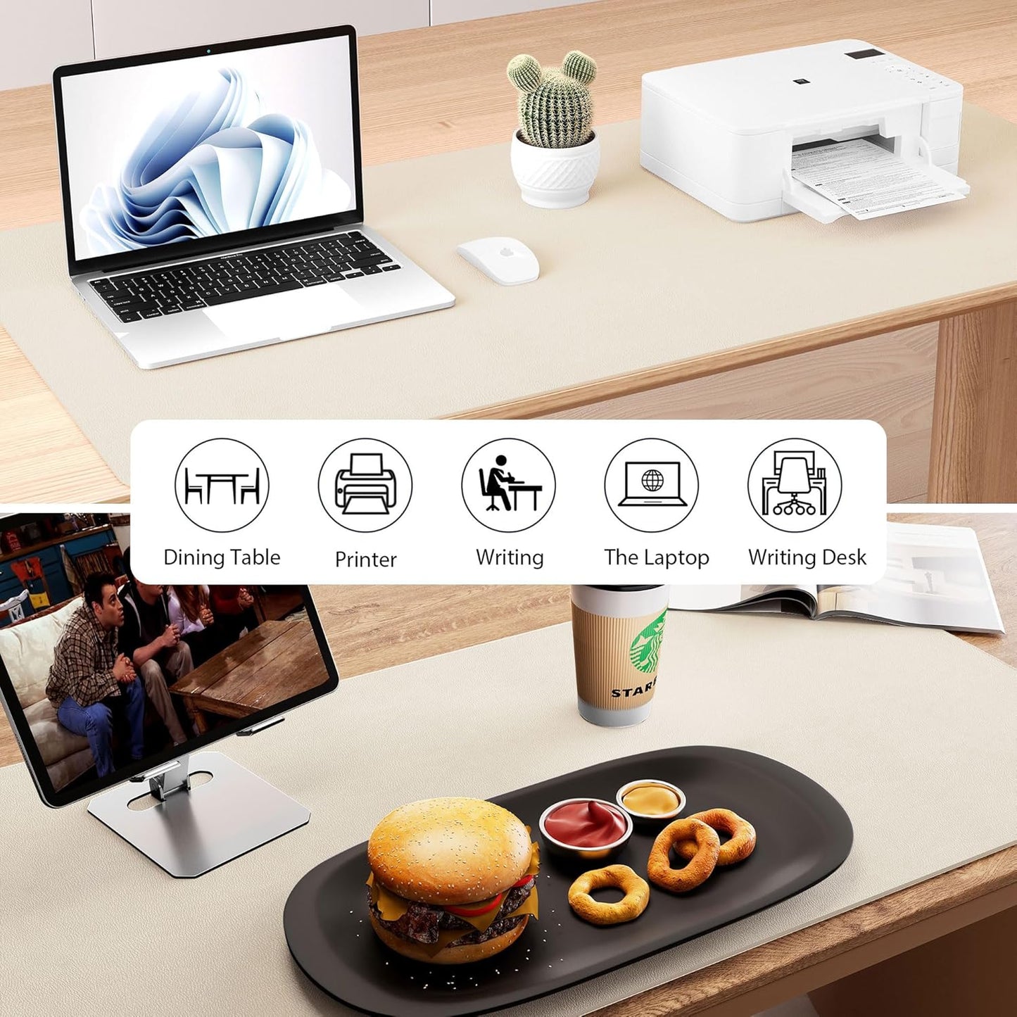 Aothia Dual-Sided Desk Mat - Leather & Cork Desk Protector, Large Mouse Pad & Writing Pad for Office/Home, Waterproof, Beige (35.4" x 15.7")