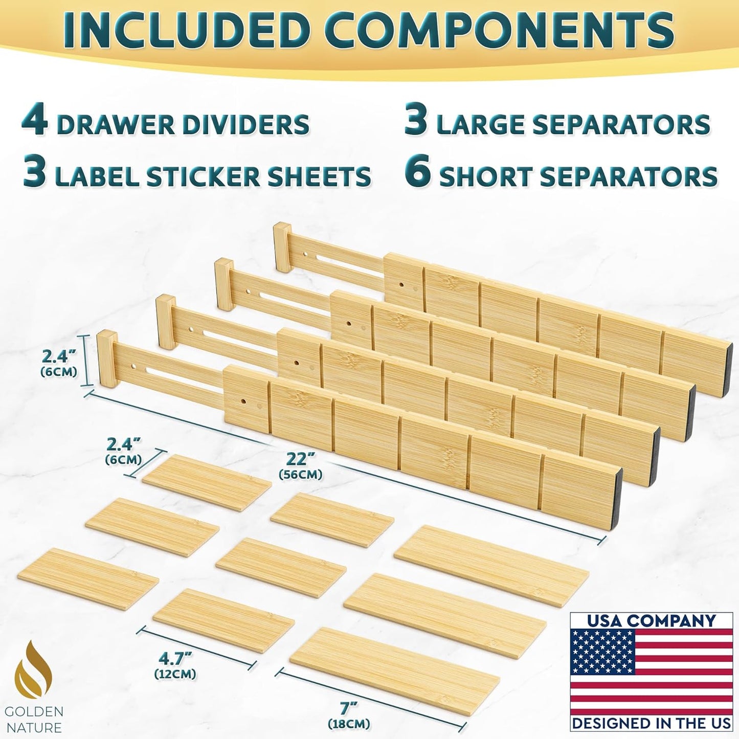 Bamboo Drawer Organizer - with Inserts & Labels, 17-22" - Adjustable Spring Loaded Kitchen Dividers for Utensils & Junk Storage - Expandable Silverware Separators for Organization