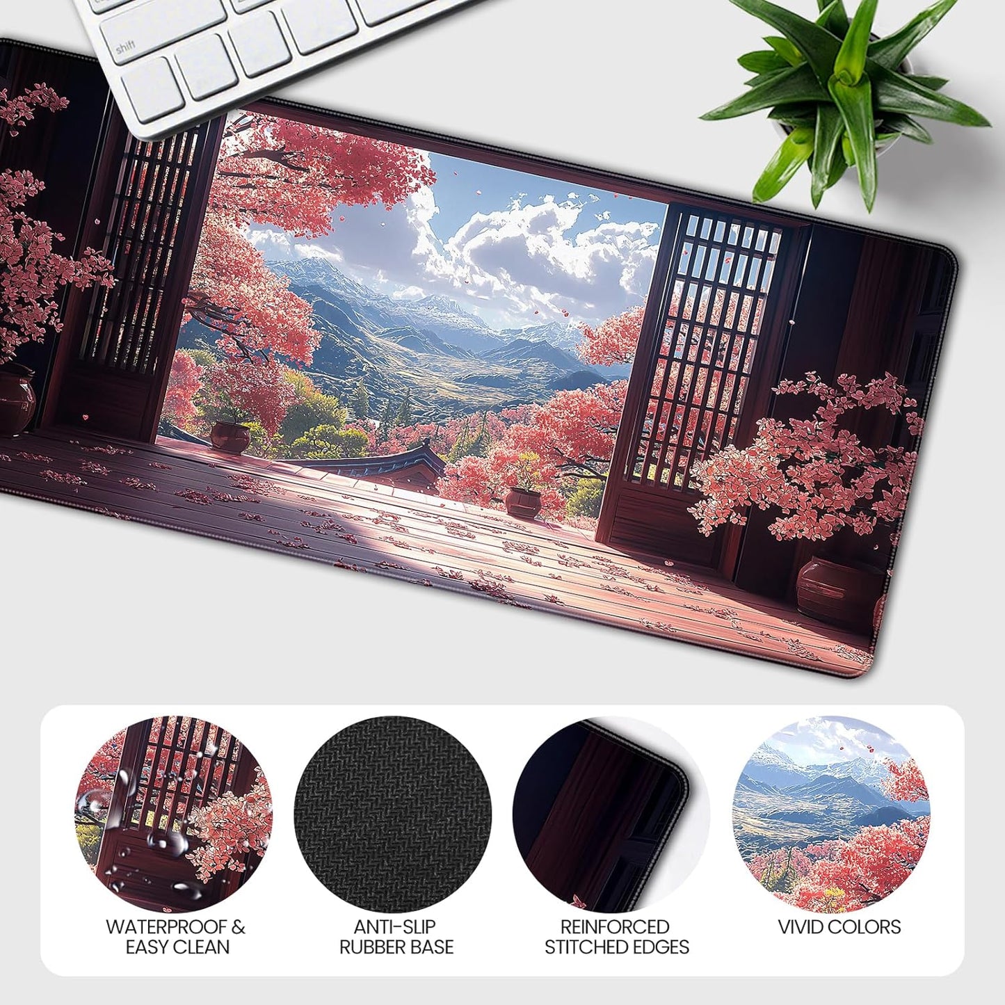 35.4 x 15.7 inches, Large Desktop Mouse pad, Keyboard and Mouse Pads for Work and Home Computers, and Large Laptop Mouse mat,Japanese-Style Cherry Blossom Mountain View