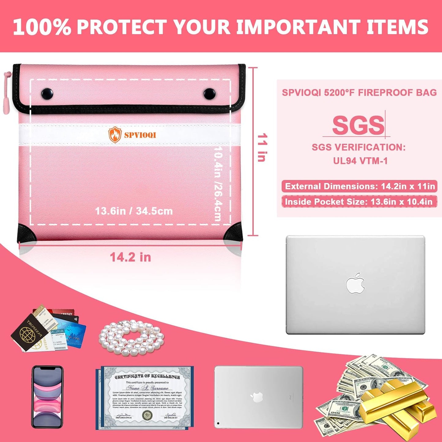 5200°F Fireproof Document Bag -Heat Insulated, Upgraded Water Fire Proof Pouch with Zipper, 9 Layers of Functional Materials, 14.2 X 11” Fire Proof Money Bag for Cash, Important Document and Valuables