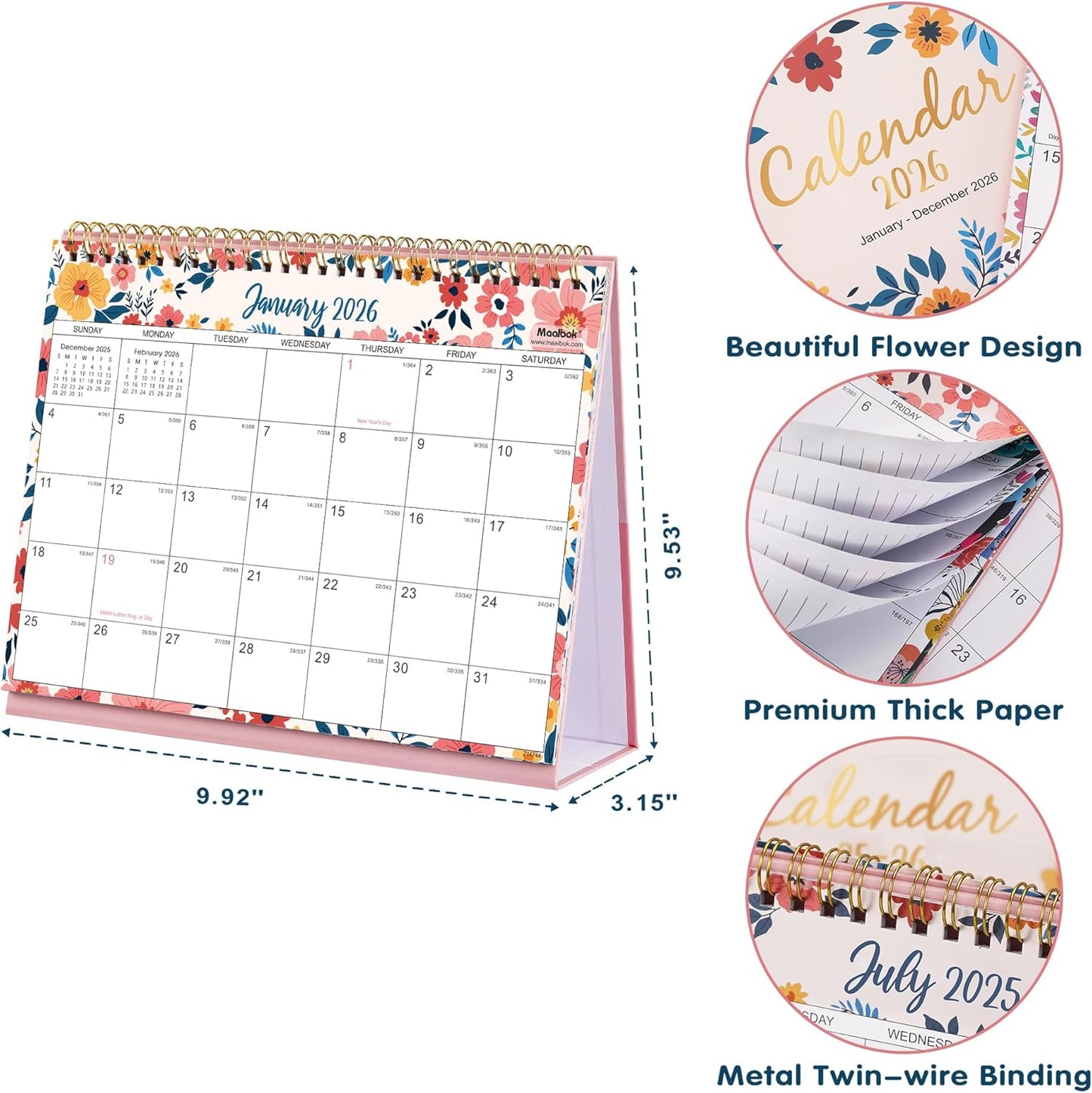 2026 Desk Calendar - Jan. 2026 โ Dec. 2026, Standing Flip Calendar 2026, 12 Months Desktop Calendar, 10" x 8.3", Thick Paper, Strong Binding, Stand Up, with Memo Pages ๏ผ Blank Blocks