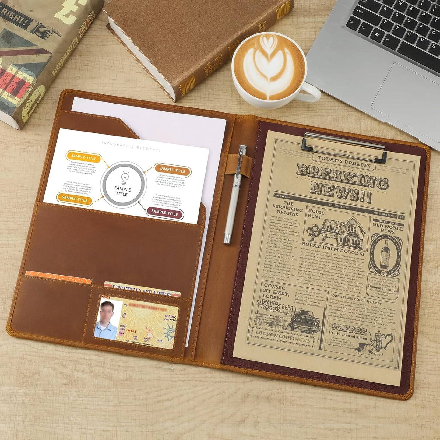 Jack&Chris Leather Portfolio, A4 Document Folder Legal Pad Padfolio, Professional Writing Letter Notepad Clipboard Sleeve Organizer, Resume Folio Binder for Men&Women,JC1823