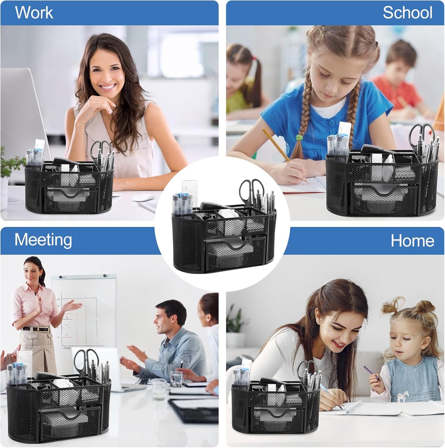 Office Supplies for Desk,14pcs Black Desk Sets and Accessories, Office Supply Kit with Mesh Desktop Organizer and Stapler,Staple Remover, Staples,Tape Dispenser,Sticky Tabs,Scissors, Ruler