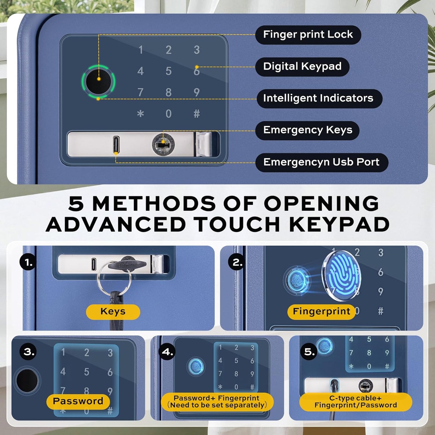 Biometric Safe for Home, 0.6 Cube Feet Auto-Open Fingerprint Safe with Touch Screen, Alarm System & Removable Shelf, Small Money Box for Cash, Jewelry, Documents, Home Office Use,Blue