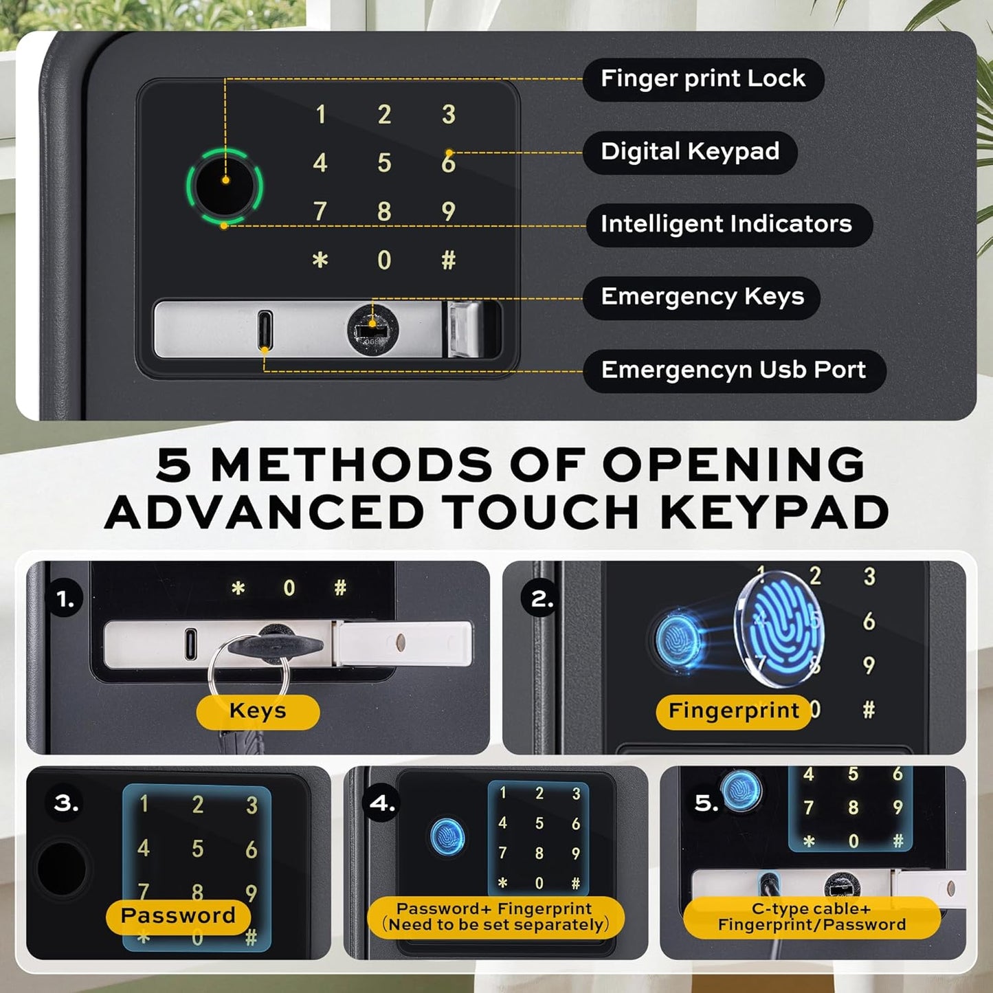 Biometric Safe for Home, 0.6 Cube Feet Auto-Open Fingerprint Safe with Touch Screen, Alarm System & Removable Shelf, Small Money Box for Cash, Jewelry, Documents, Home Office Use, Black