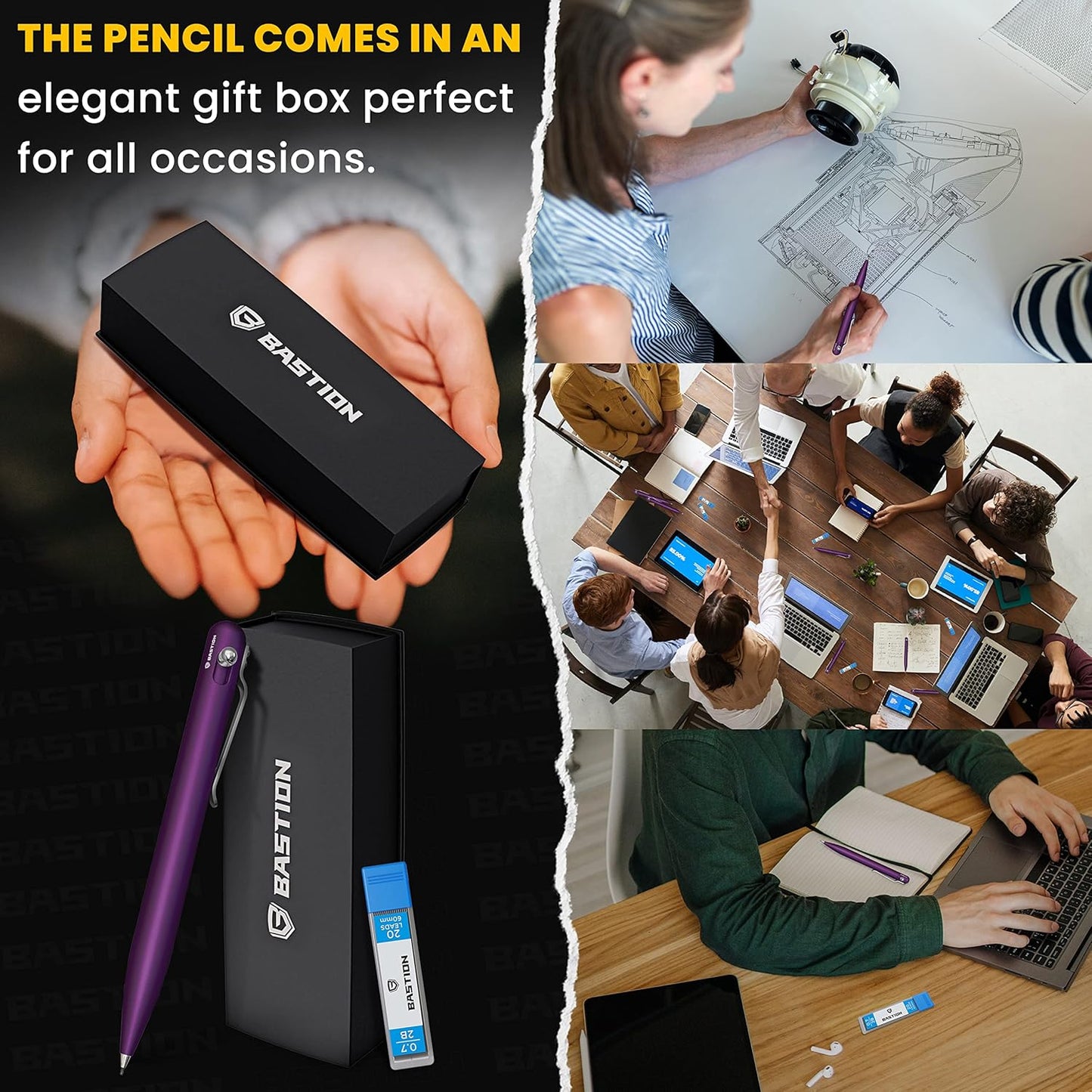 Bastion Mechanical Pencil with Medium Point Refillable Leads - Premium Aluminum Bolt Action Gift Case Metal For Architecture, Drawing, Sketching 20x0.7mm Lead Refills, Purple