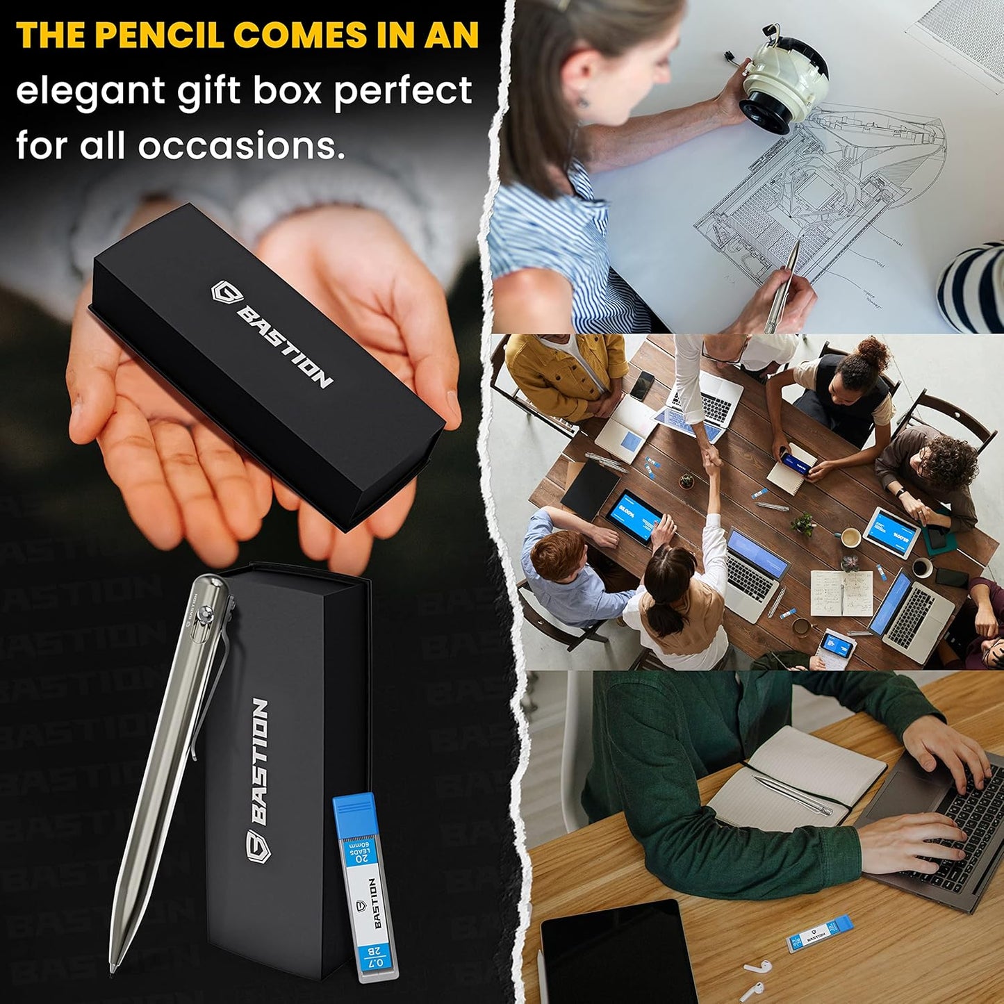 BASTION® Luxury Mechanical Pencil, Durable Professional Medium Point Pencil for Birthday Gift includes 20 x 0.77mm Lead Refills - Titanium