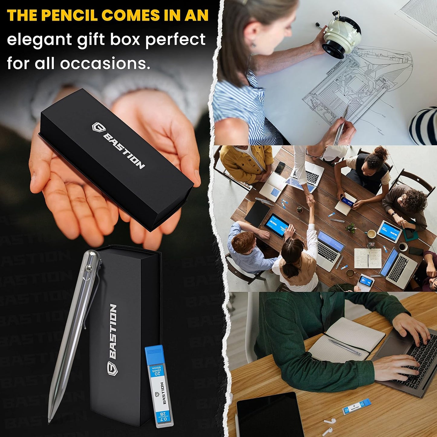 BASTION® Luxury Mechanical Pencil, Professional Medium Point Pencil for Birthday Gift includes 20 x 0.77mm Lead Refills - Stainless Steel