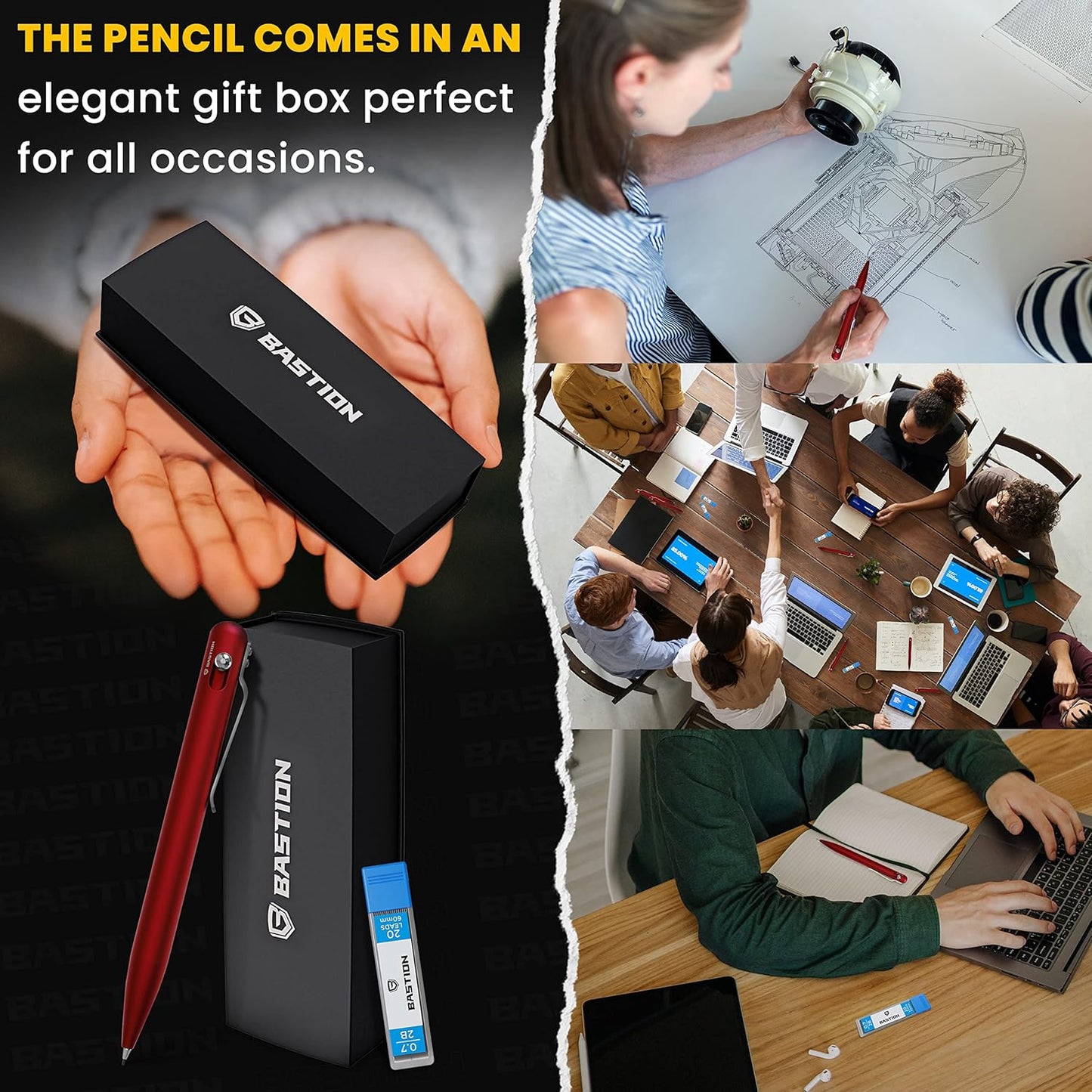 BASTION® Luxury Mechanical Pencil, Professional Lightweight Medium Point Aluminum Pencil for Birthday Gift includes 20 x 0.77mm Lead Refills - Red