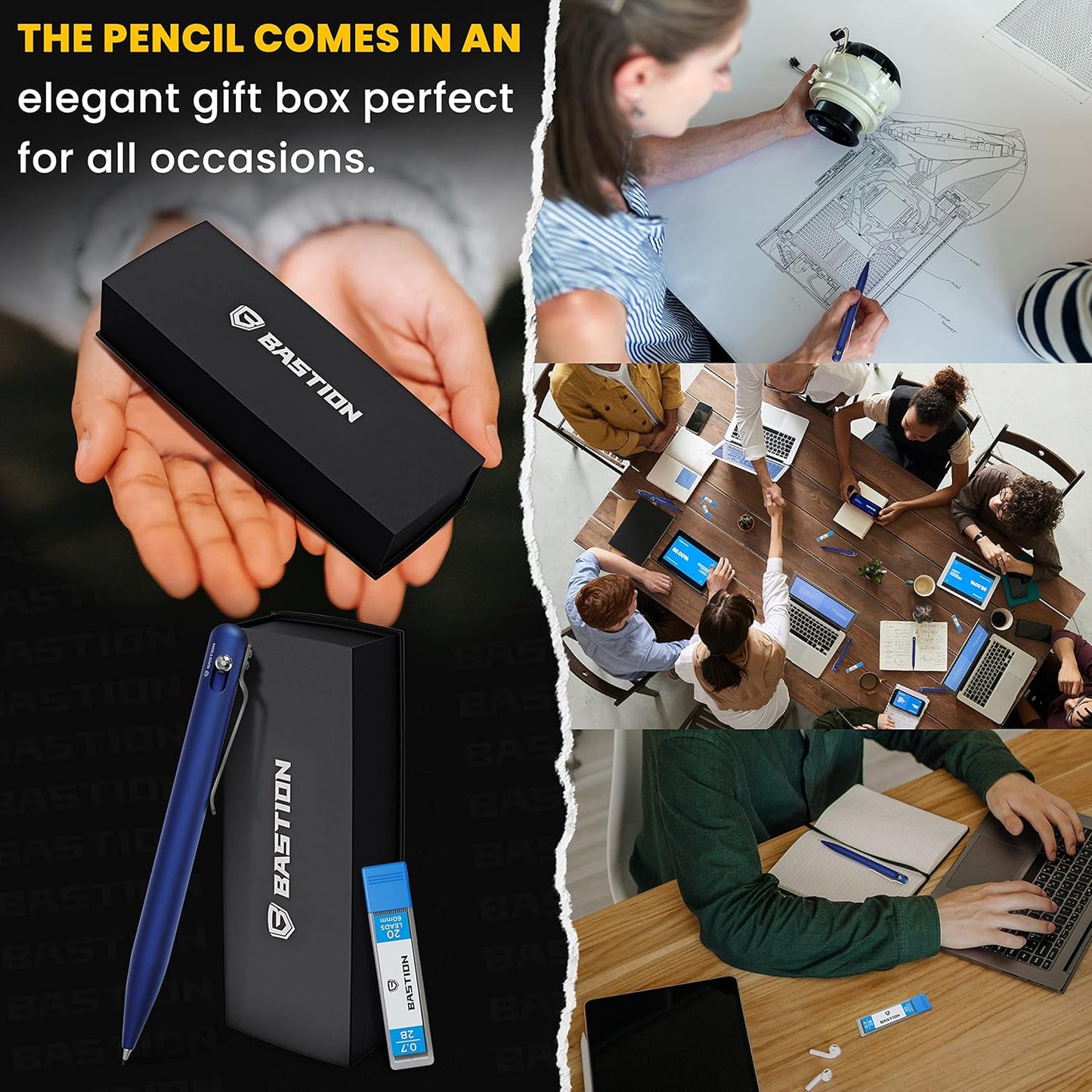 BASTION® Luxury Mechanical Pencil, Professional Lightweight Medium Point Aluminum Pencil for Birthday Gift includes 20 x 0.77mm Lead Refills - Blue