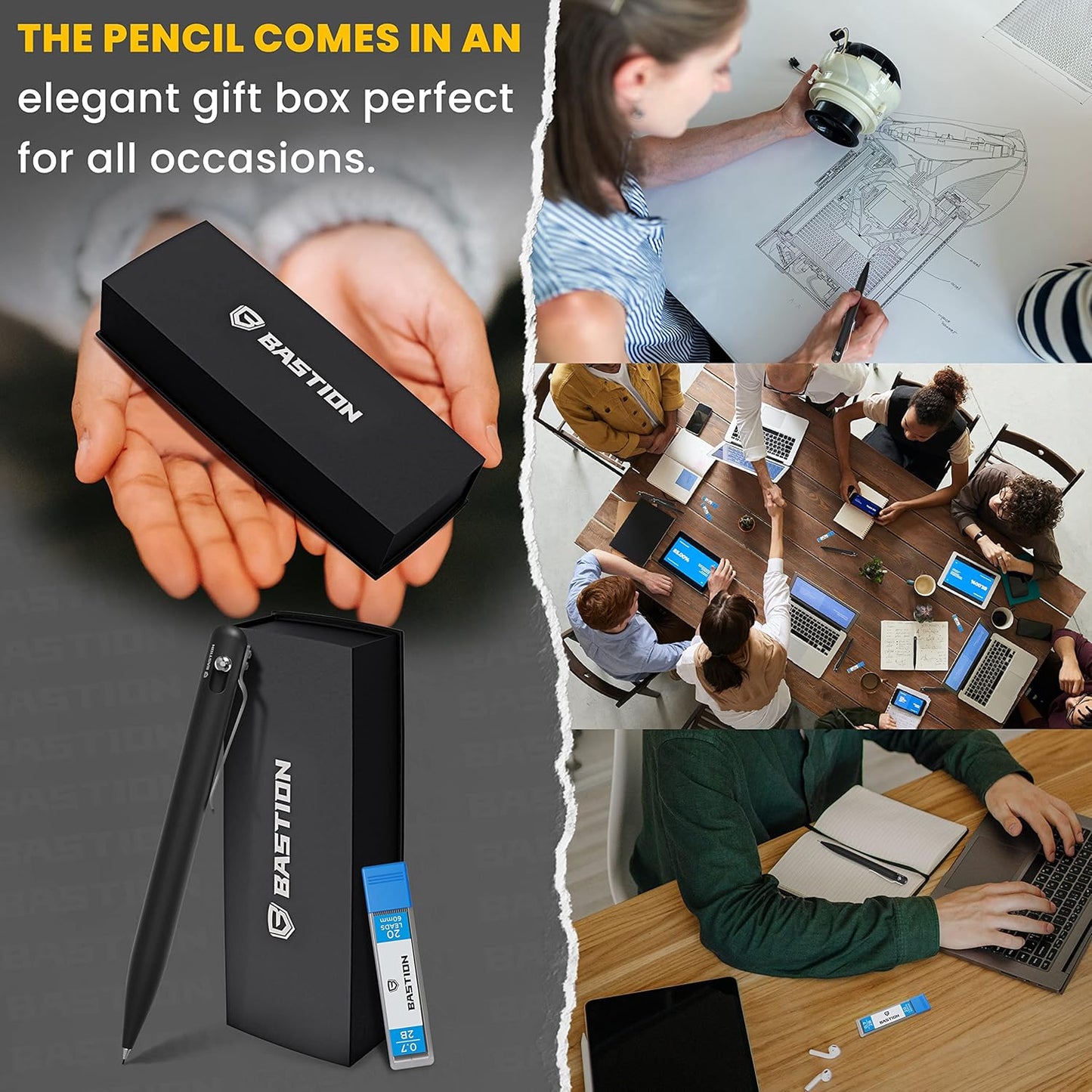 BASTION® Luxury Mechanical Pencil, Professional Lightweight Medium Point Aluminum Pencil for Birthday Gift includes 20 x 0.77mm Lead Refills - Black