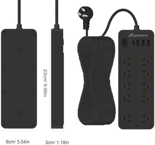 25 FT Power Strips with Surge Protection 1625W/13A,10 Outlets with 4 USB Ports (1 USB C) Long Extension Cord with Multiple Outlets 14-in-1 1700J 16Awg Flat Plug Power Strip Protector Black ETL Listed
