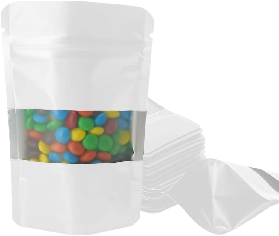 4CP 100 Pcs White Zipper Smell Proof Bags with Window, 5.5x7.9 Inch Stand Up Foil Pouches for Food Selfsealing Storage, Reusable Bag for Packaging Small Business, Cookies, Nunt, Candy