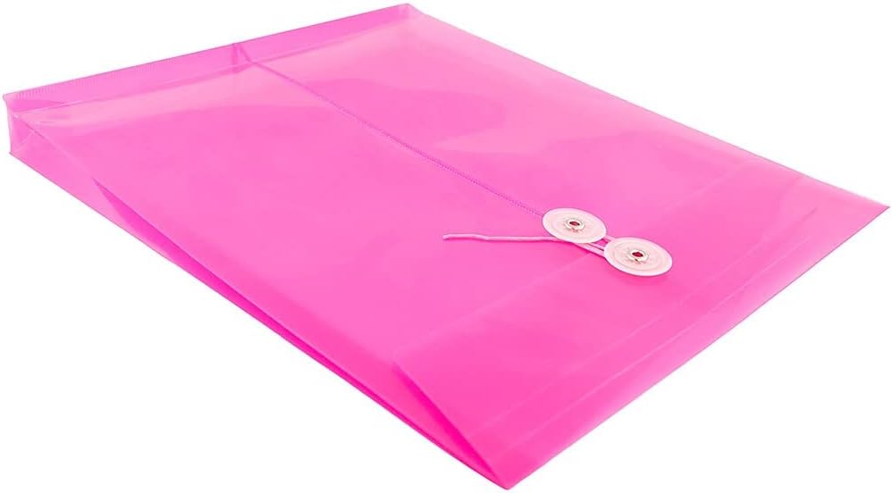 JAM PAPER Plastic Envelopes with Button & String Tie Closure - Letter Open End - 9 3/4 x 11 3/4 - Bright Hot Pink - 12/Pack