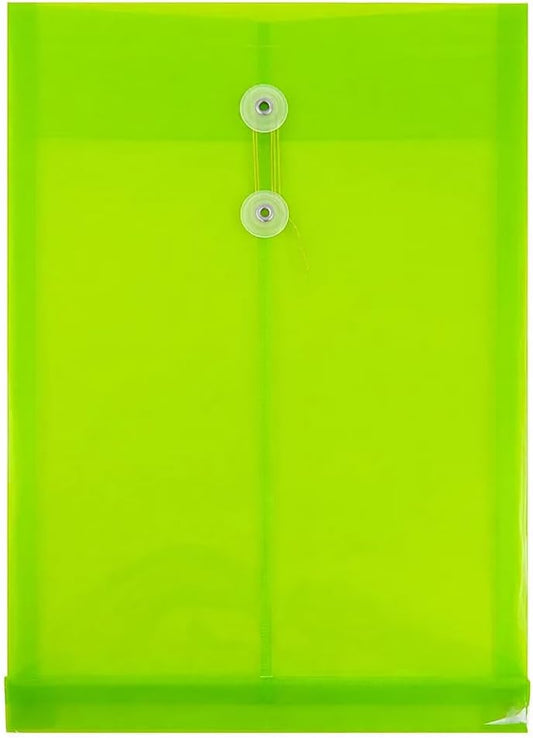 JAM PAPER Plastic Envelopes with Button & String Tie Closure - Legal Open End - 9 3/4 x 14 1/2 - Lime Green - 12/Pack