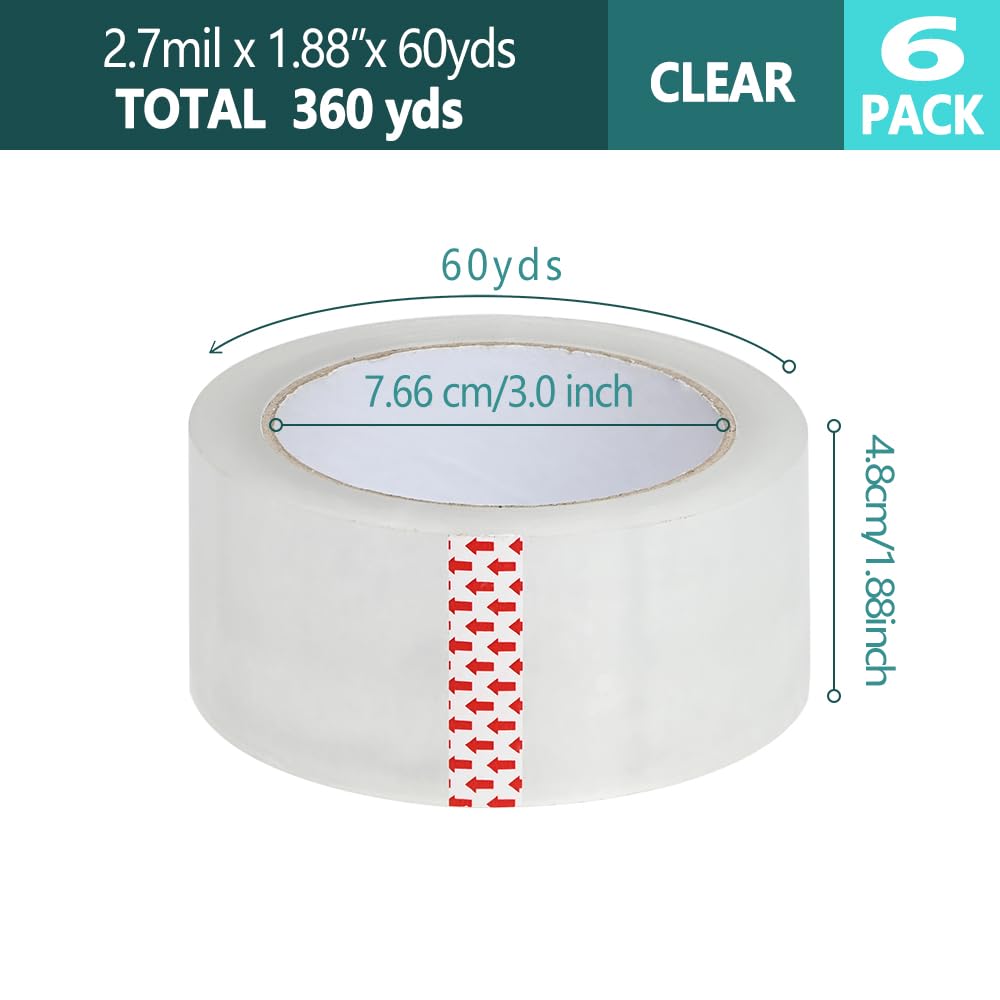 AUSTARK Clear Packing Tape, 2.7 mil, 1.88 inch x 60 Yards Per Roll, 6 Rolls Shipping Tape with Dispenser for Packaging Sealing Moving