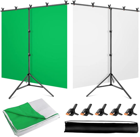 2-in-1 White Green Screen Backdrop Stand Kit, 5x6.5 ft Greenscreen Background with Stand for Streaming, Zoom, Photography with Clips & Carrying Bag
