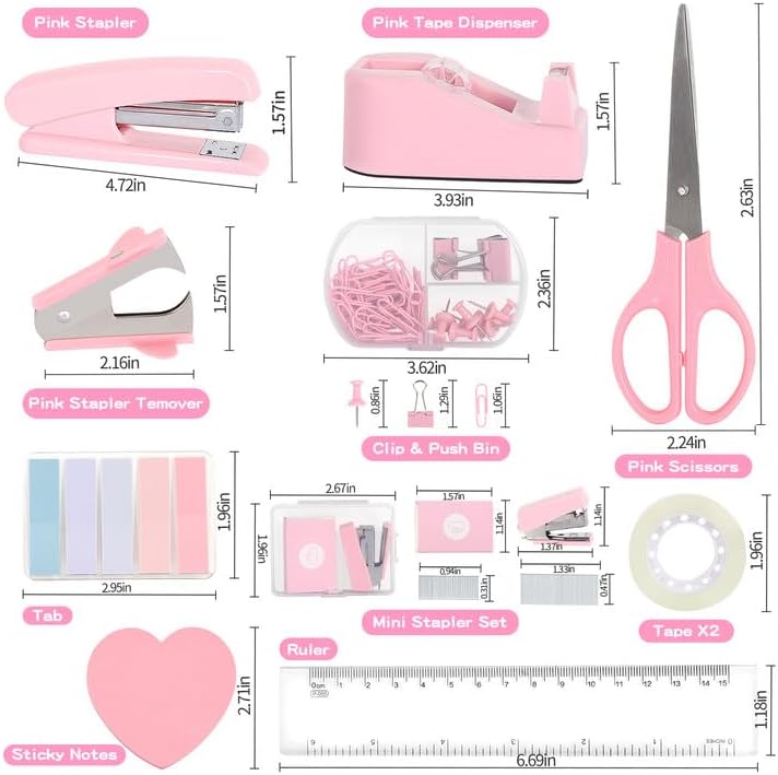 Office Desk Accessories, Pink Office Supplies Set Desk Accessories for Women, Cute Office Supplies with Stapler, Mini Stapler, Staple Remover, Tape, Clips, Scissor and Tabs, Stationary Set for Student