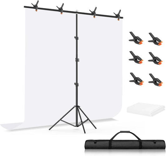 5x6.5Ft White Screen with Stand Kit, T-Shape Backdrop Stand Tabletop Photo Shoot for Jewelry Cosmetics, White Background with Adjustable Photo Backdrop Stand for Photography, Zoom with Case&Clips