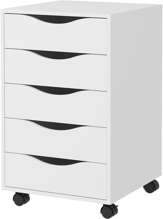 QDSSDECO 5 Drawer Chest Wood File Cabinet Rolling Storage Dresser with Wheels for Home Office, White