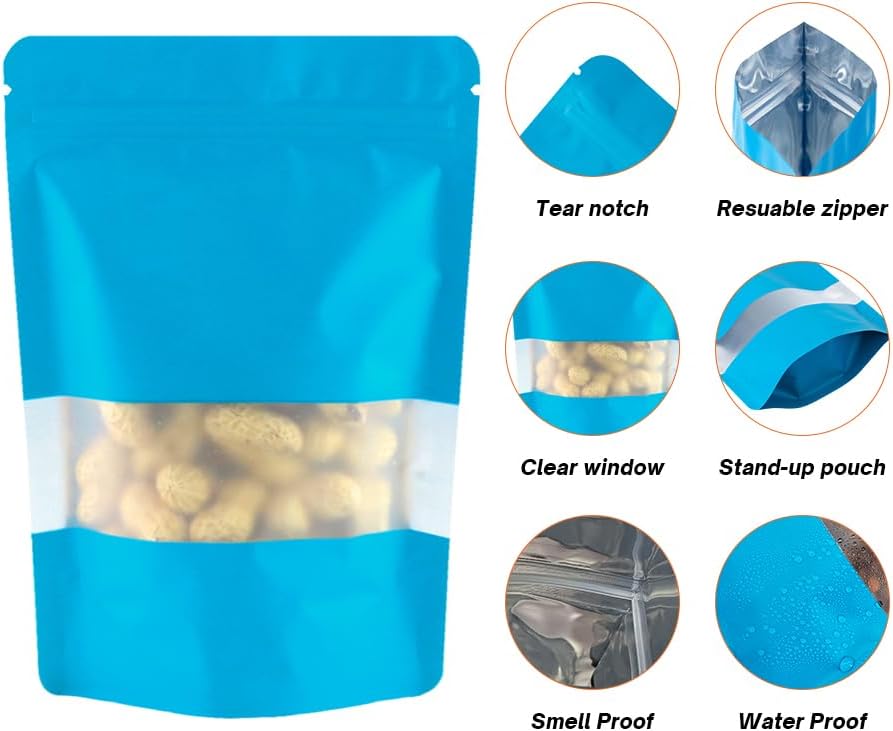 4CP 100 Pcs Blue Zipper Smell Proof Bags with Window, 4.7x7.9 Inch Stand Up Foil Pouches for Food Selfsealing Storage, Reusable Bag for Packaging Small Business, Cookies, Nunt, Candy