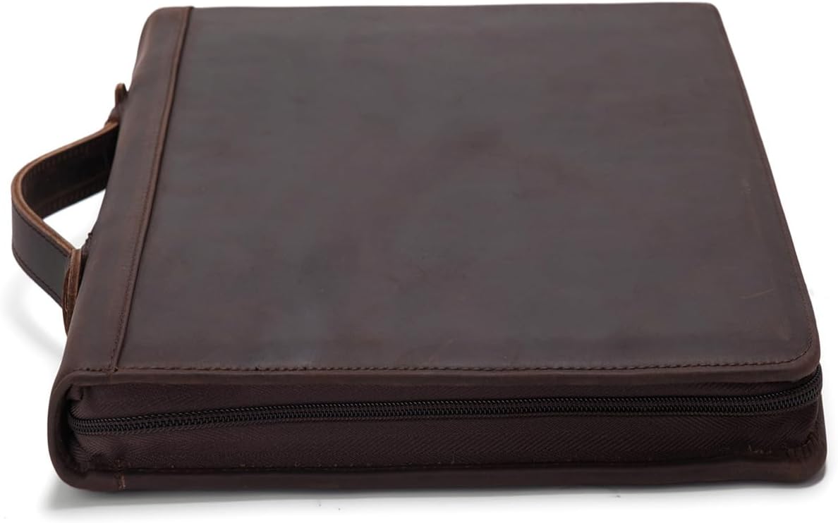 Genuine Leather 3 Ring Binder Portfolio, 8.5 x 14 Legal Size Pad Holder, Hidden Handle, Zippered Padfolio with 15” Laptop Organizer, Professional Business Folio for Men Women, Dark Brown