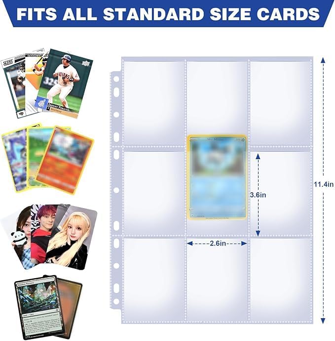 100 Pack 9 Pocket Double Side Card Sleeves Binder Sheets, Holds 1800 Cards, Trading Card Binder Sleeves for 3 Ring Binder, Card Sleeve Pages for Baseball, Football, Business, TCG, Kpop Cards