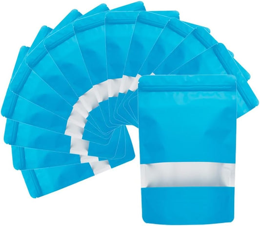 4CP 100 Pcs Blue Zipper Smell Proof Bags with Window, 6.3x9.5 Inch Stand Up Foil Pouches for Food Selfsealing Storage, Reusable Bag for Packaging Small Business, Cookies, Nunt, Candy